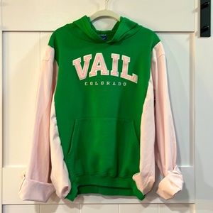 Renewed Vail green hoodie with pink pinstripe sleeves